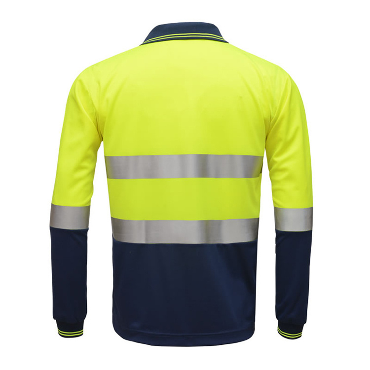 reflective fluorescent yellow and black striped safety work polo shirt for men