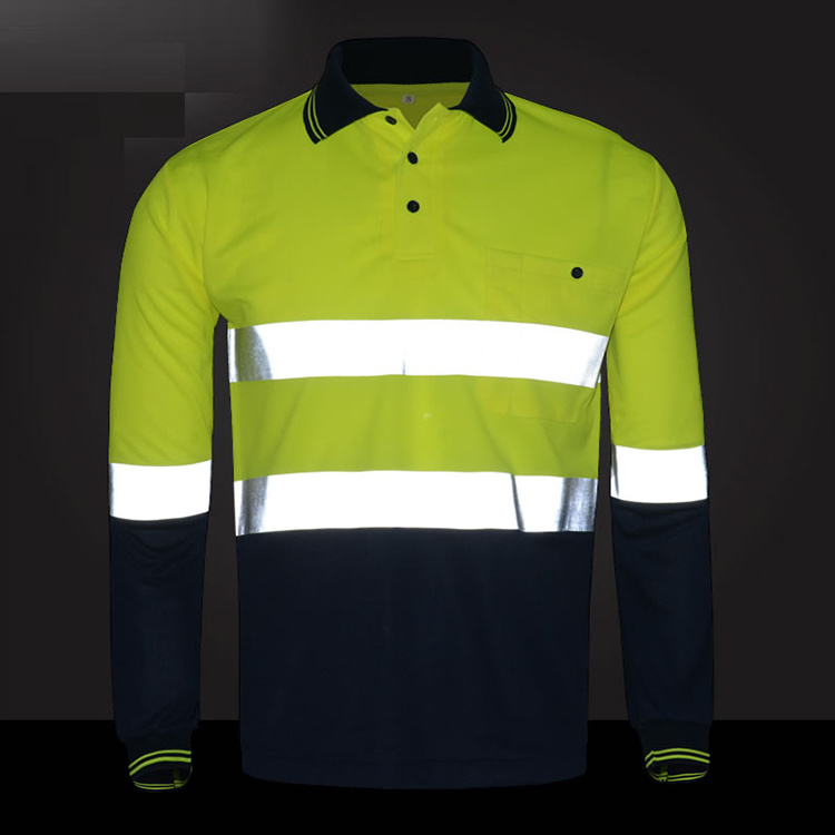 reflective fluorescent yellow and black striped safety work polo shirt for men