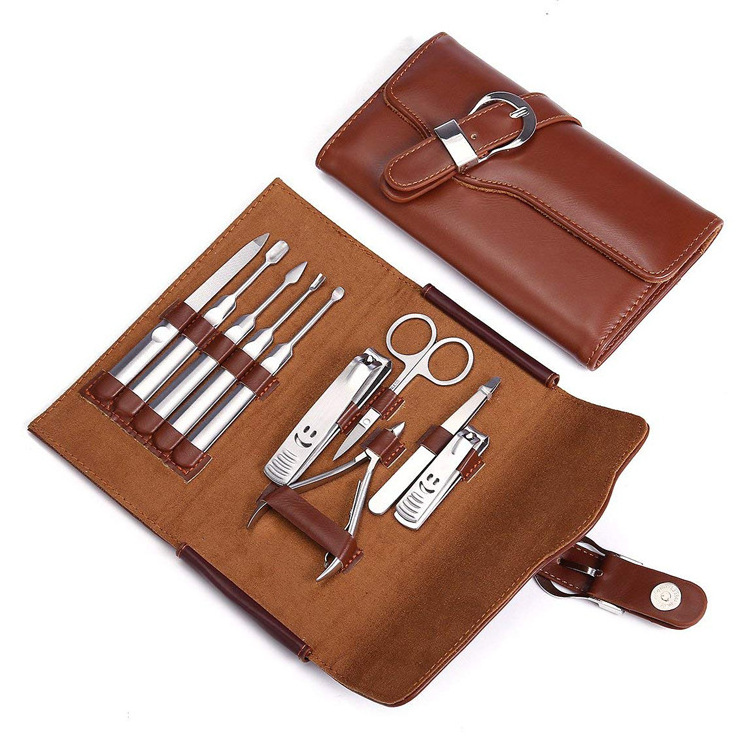 WELLFLYER MS-579 Stainless Steel 10PCS Professional Mens Nail Clippers Manicure Set For Men Women with PU Leather Case