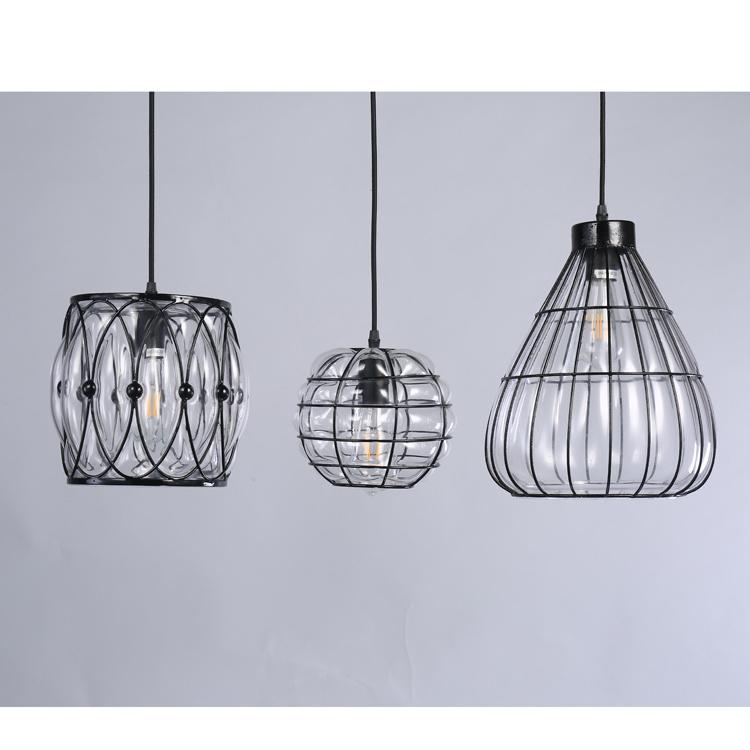 Modern Industrial Black Iron and Glass Hanging Pendant Light LED Battery Operated Kitchen Island Ceiling Pendant Lighting