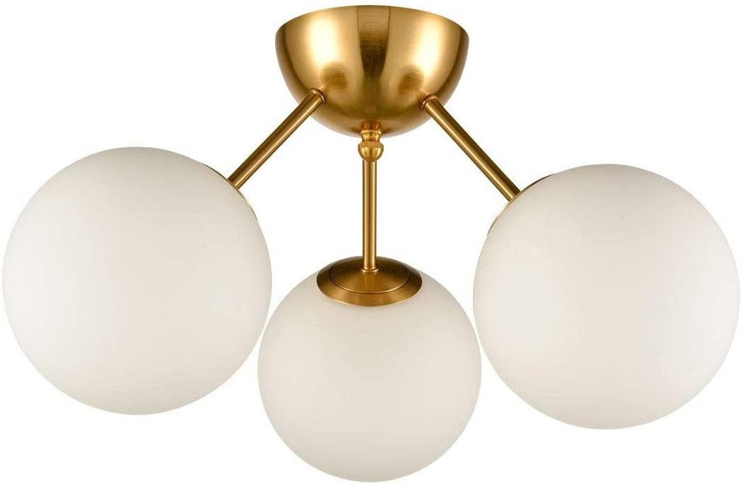 Classic Mid Century Modern Globe Semi Flush Mount Ceiling Light Sputnik Chandeliers,White Frosted Glass Gold Finished