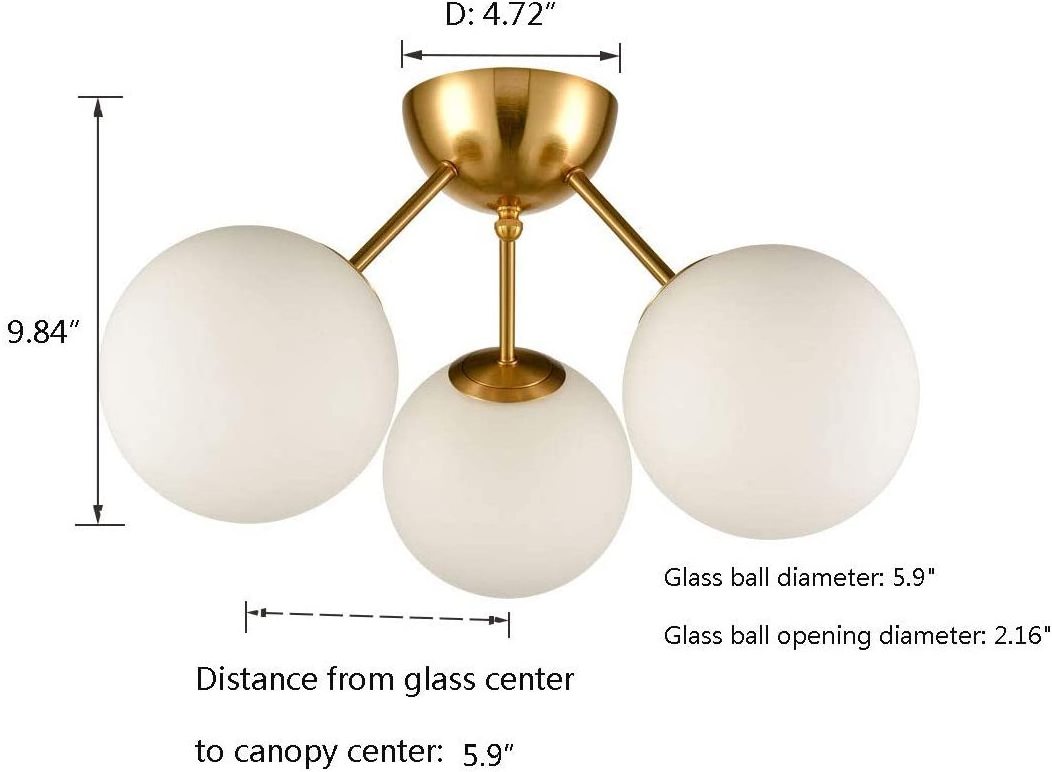 Classic Mid Century Modern Globe Semi Flush Mount Ceiling Light Sputnik Chandeliers,White Frosted Glass Gold Finished