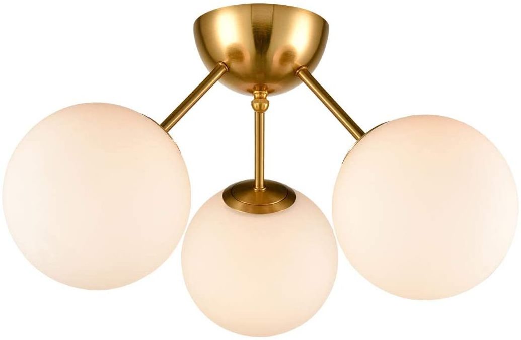 Classic Mid Century Modern Globe Semi Flush Mount Ceiling Light Sputnik Chandeliers,White Frosted Glass Gold Finished