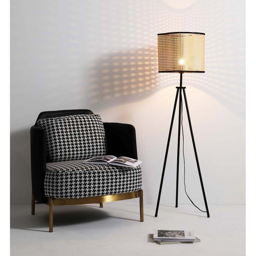 Modern bohemian floor lamp rattan-style PVC shade with velvet stitching floor light fixture to any modern home, living room