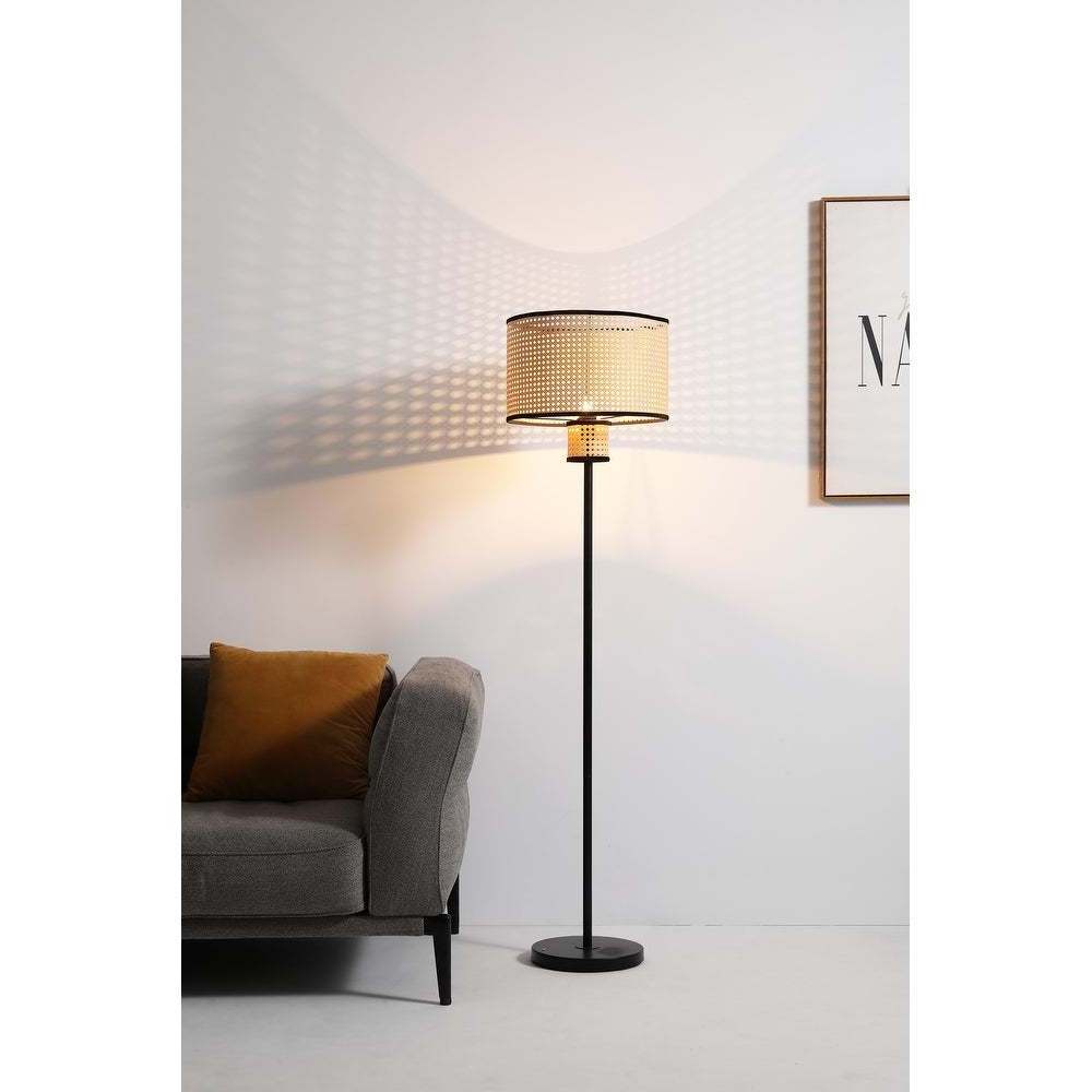 Modern bohemian floor lamp rattan-style PVC shade with velvet stitching floor light fixture to any modern home, living room