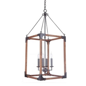 Farmhouse Chandelier 4-Light Rustic Lantern Pendant Light with Oak Wood and Iron Finish Entryway Dining Room Hallway Foyer