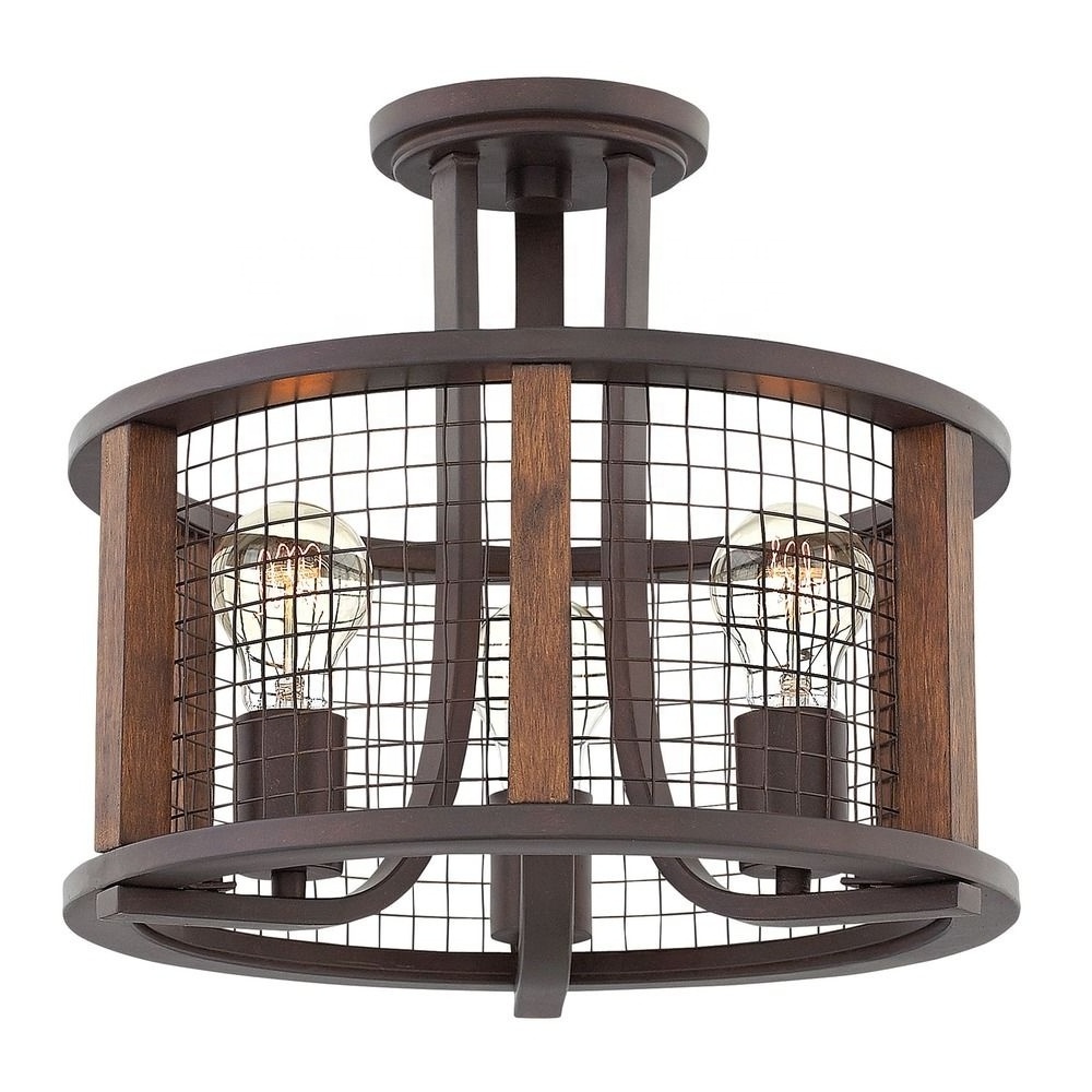 Home Lighting Fixture Wood Beaded Farmhouse Chandelier Cage Shade 6-light 12W Semi Flush Mount Ceiling Light