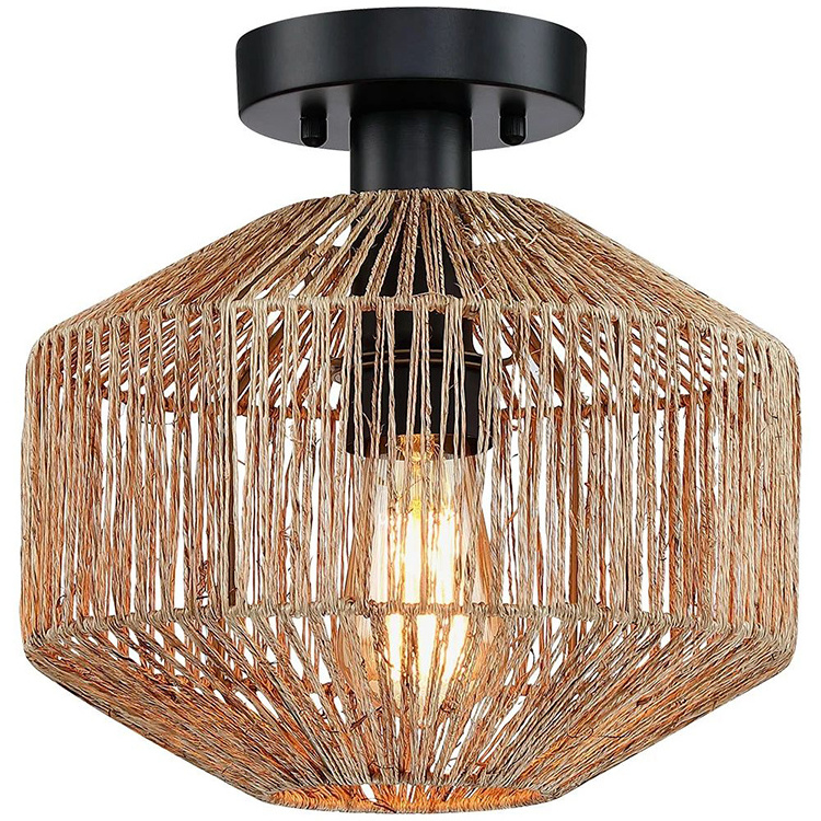 Smart Modern Indoor Rectangular Woven Rattan Light Fixture Semi Flush Mount Ceiling Lights For Low