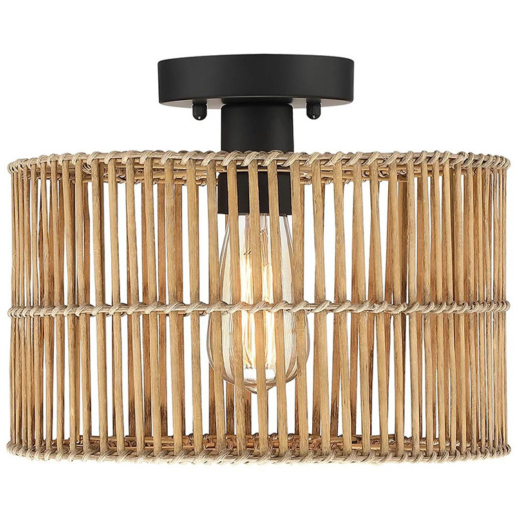 Smart Modern Indoor Rectangular Woven Rattan Light Fixture Semi Flush Mount Ceiling Lights For Low