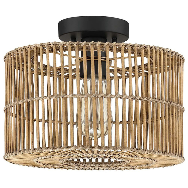 Smart Modern Indoor Rectangular Woven Rattan Light Fixture Semi Flush Mount Ceiling Lights For Low