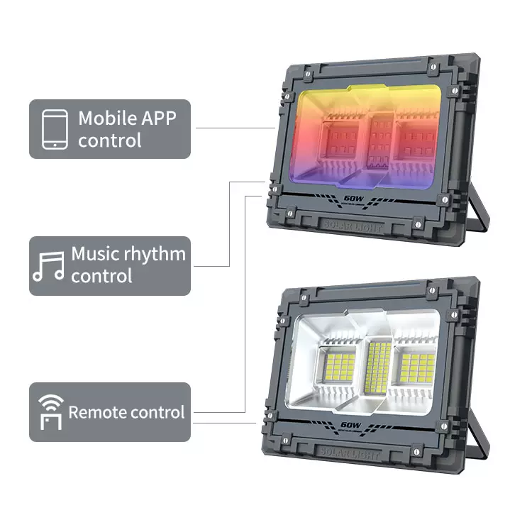 LED RGB solar flood light remote control+APP control outdoor light 16 million colors change with music flash