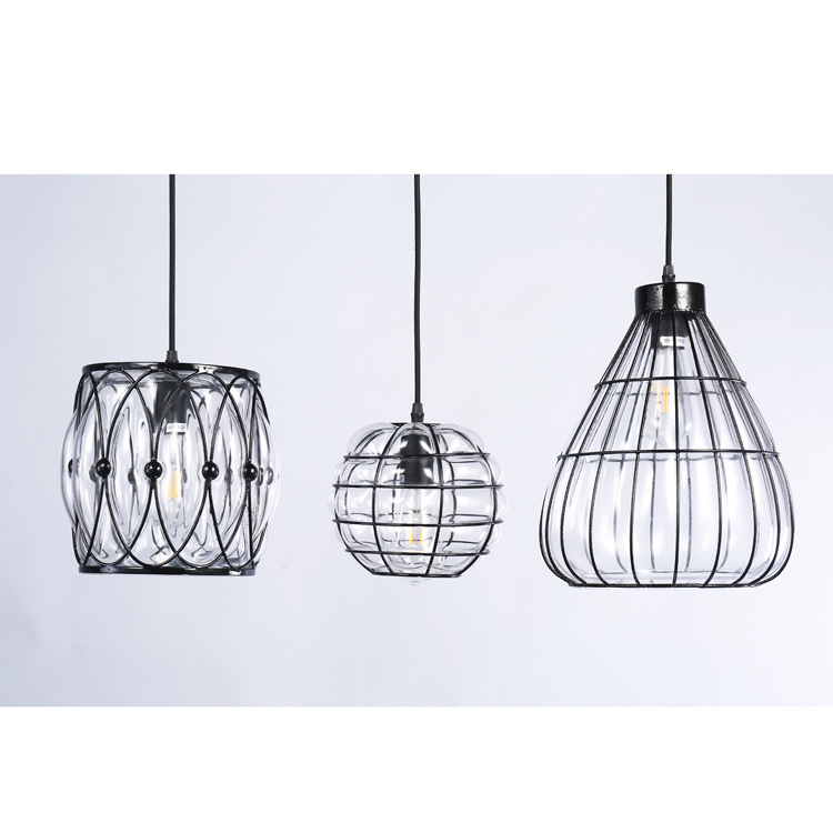 Modern Industrial Black Iron and Glass Hanging Pendant Light LED Battery Operated Kitchen Island Ceiling Pendant Lighting