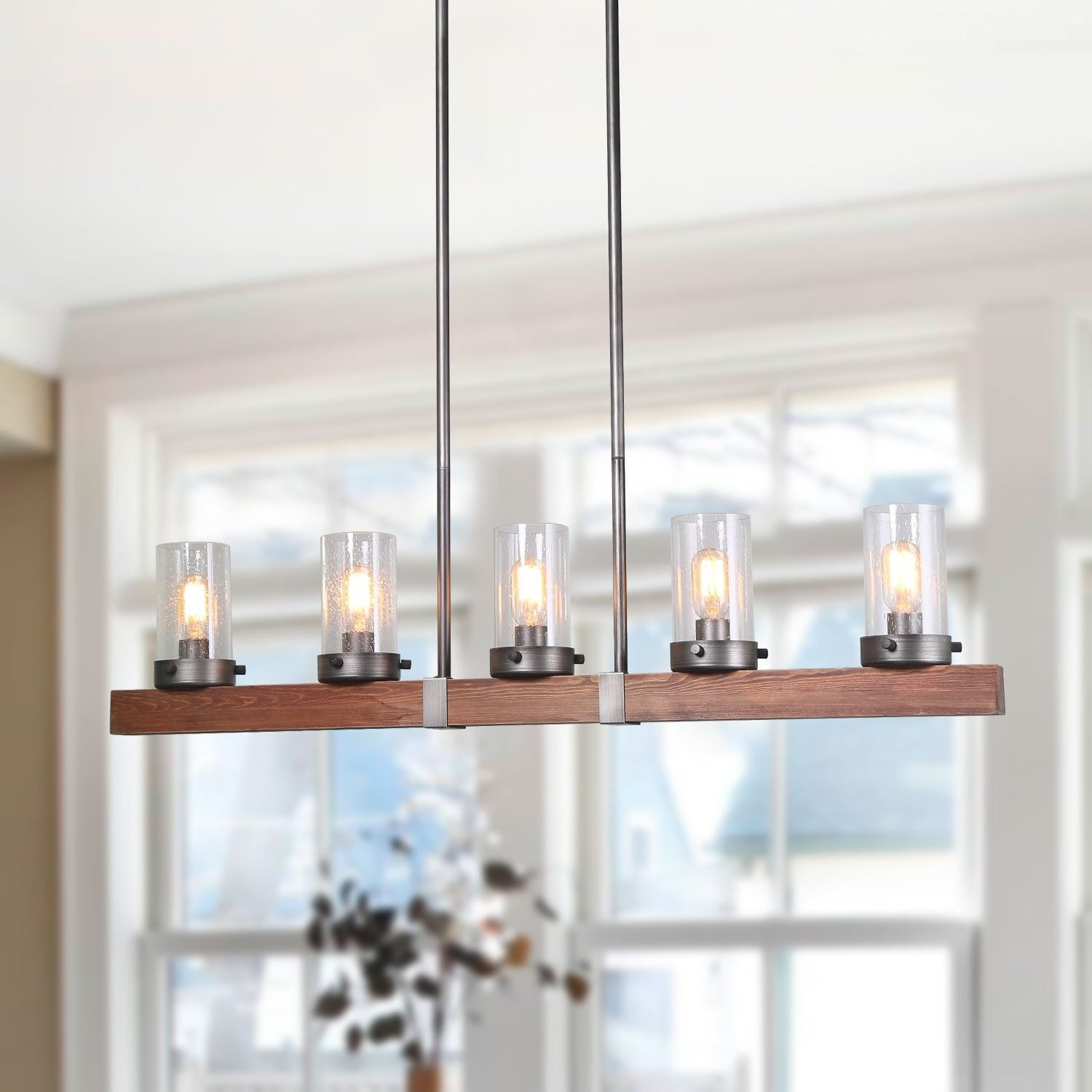 Industrial Wood Hanging Lighting Modern Chandelier Light LED Battery Operated Pendant Light