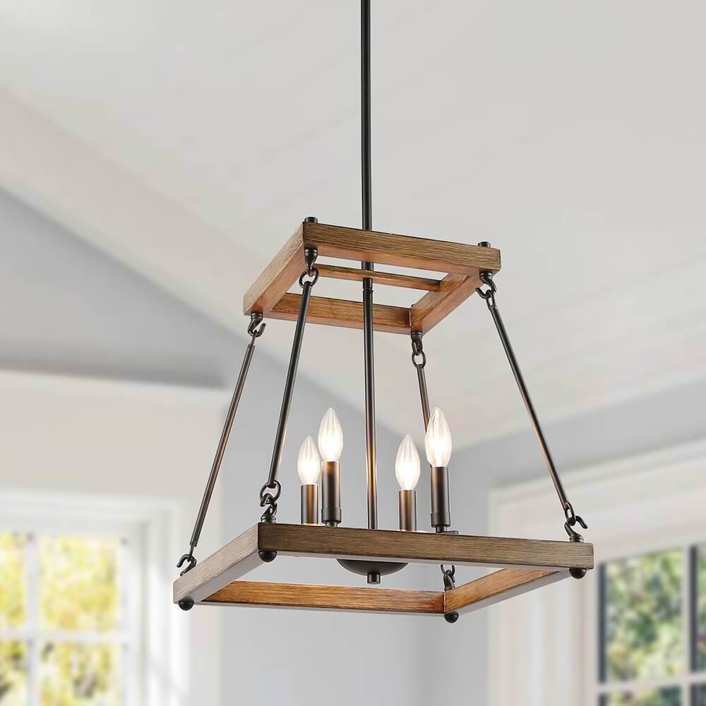 Industrial Wood Hanging Lighting Modern Chandelier Light LED Battery Operated Pendant Light