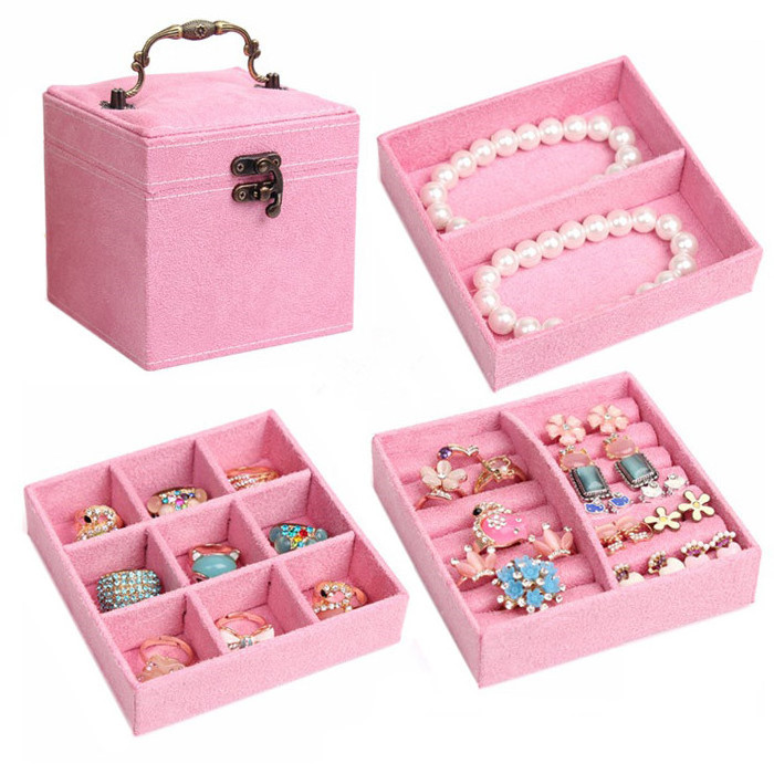 Pink Velvet Three Layer Jewelry Box with Mirror Handle Lock Anti Scratch Gifts