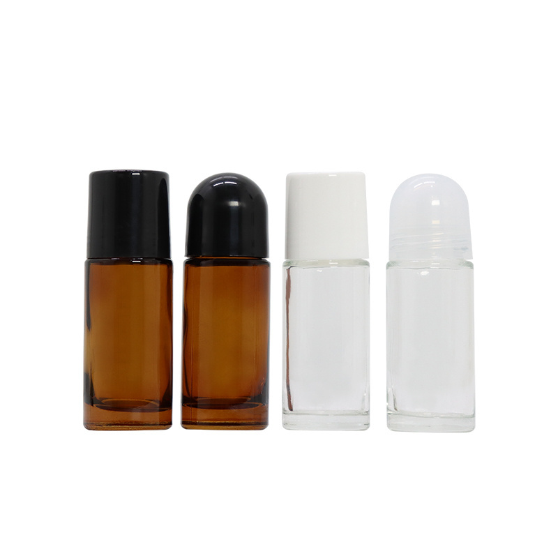 Amber clear color 50ml perfume deodorant round shaped glass roller ball bottle with arched black screw lid