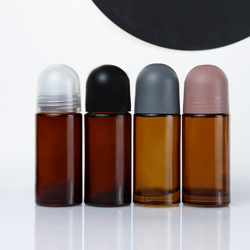 Amber clear color 50ml perfume deodorant round shaped glass roller ball bottle with arched black screw lid