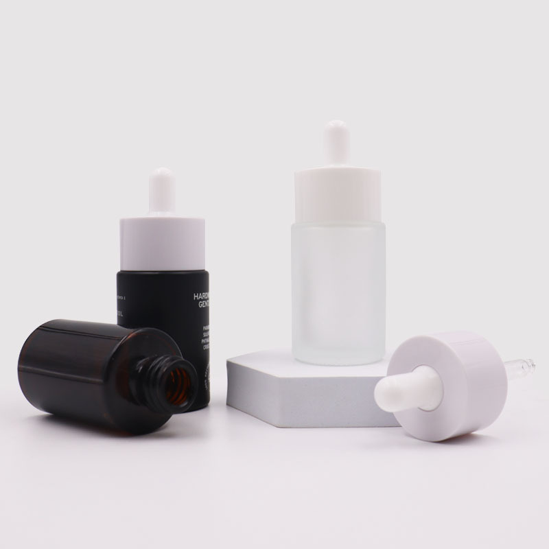 Wide mouth white lid 30ml 40ml 50ml 60ml flat shoulder essential oil frosted glass serum dropper bottle 20ml