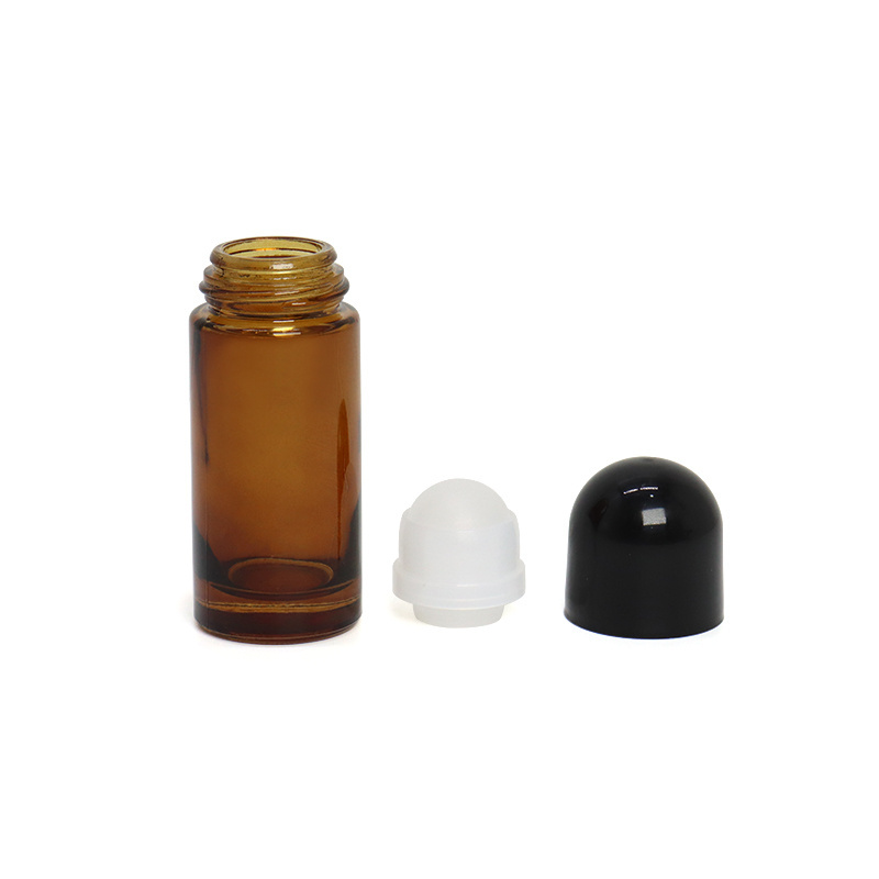 Amber clear color 50ml perfume deodorant round shaped glass roller ball bottle with arched black screw lid