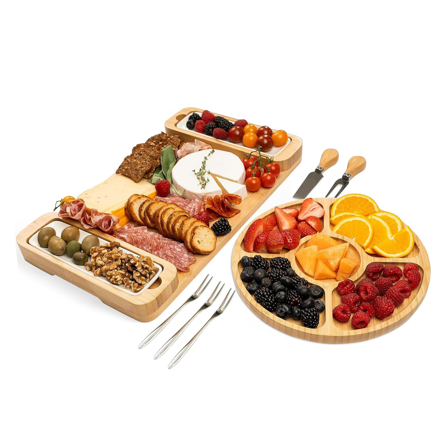 Sturdy Bamboo Cheese Board with Drawer and Knife Set for Cheese and Crackers Includes Forks and Wooden Cutting Boards