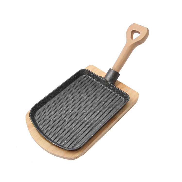 High Quality Cast Iron Cookware frying pan skillet Cooking steak plate cast iron grill pan sizzling with wooden base