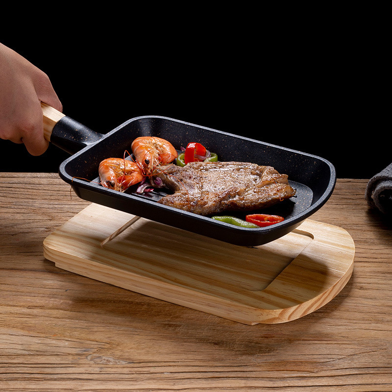 High Quality Cast Iron Cookware frying pan skillet Cooking steak plate cast iron grill pan sizzling with wooden base