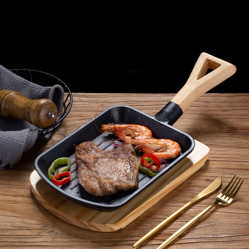 High Quality Cast Iron Cookware frying pan skillet Cooking steak plate cast iron grill pan sizzling with wooden base