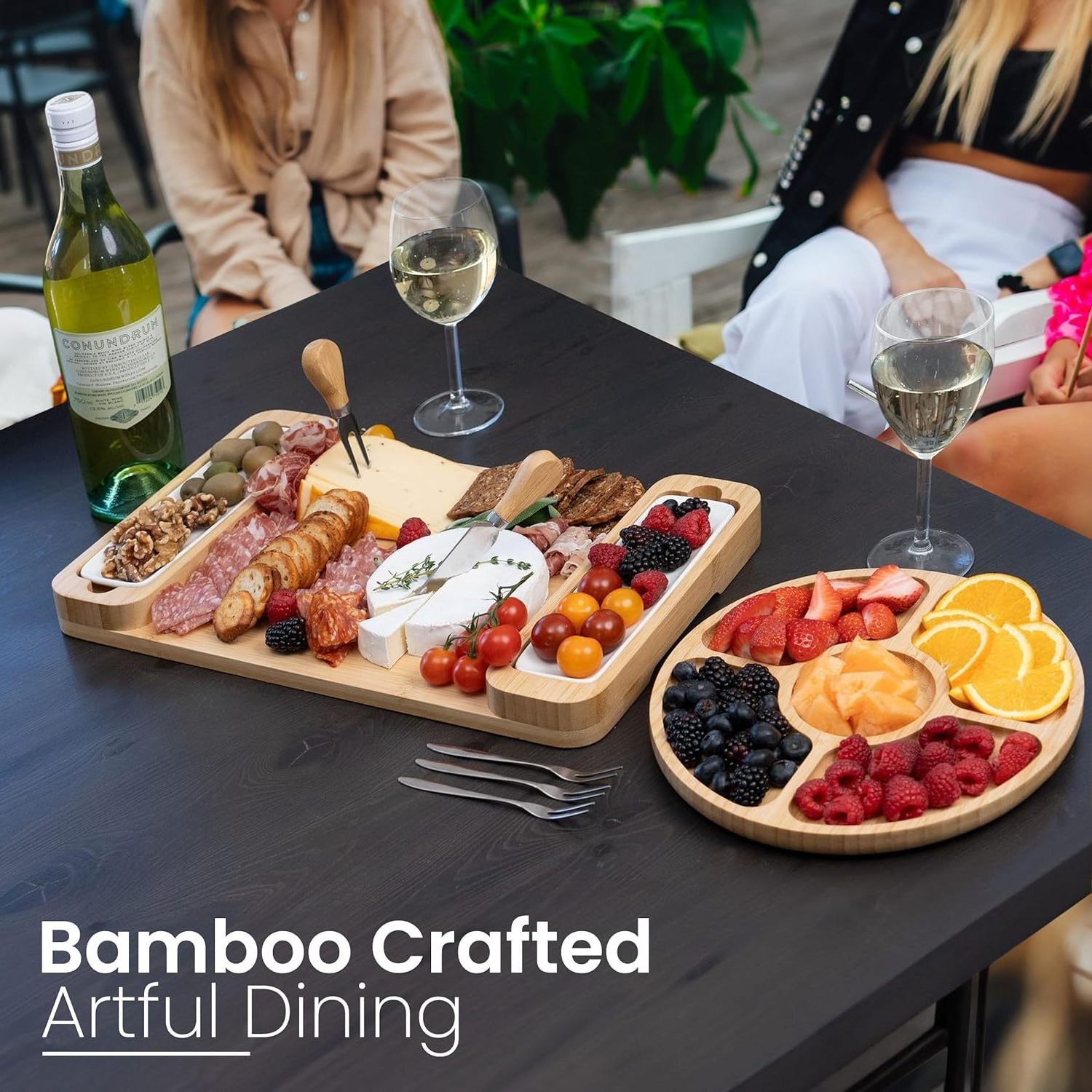 Sturdy Bamboo Cheese Board with Drawer and Knife Set for Cheese and Crackers Includes Forks and Wooden Cutting Boards