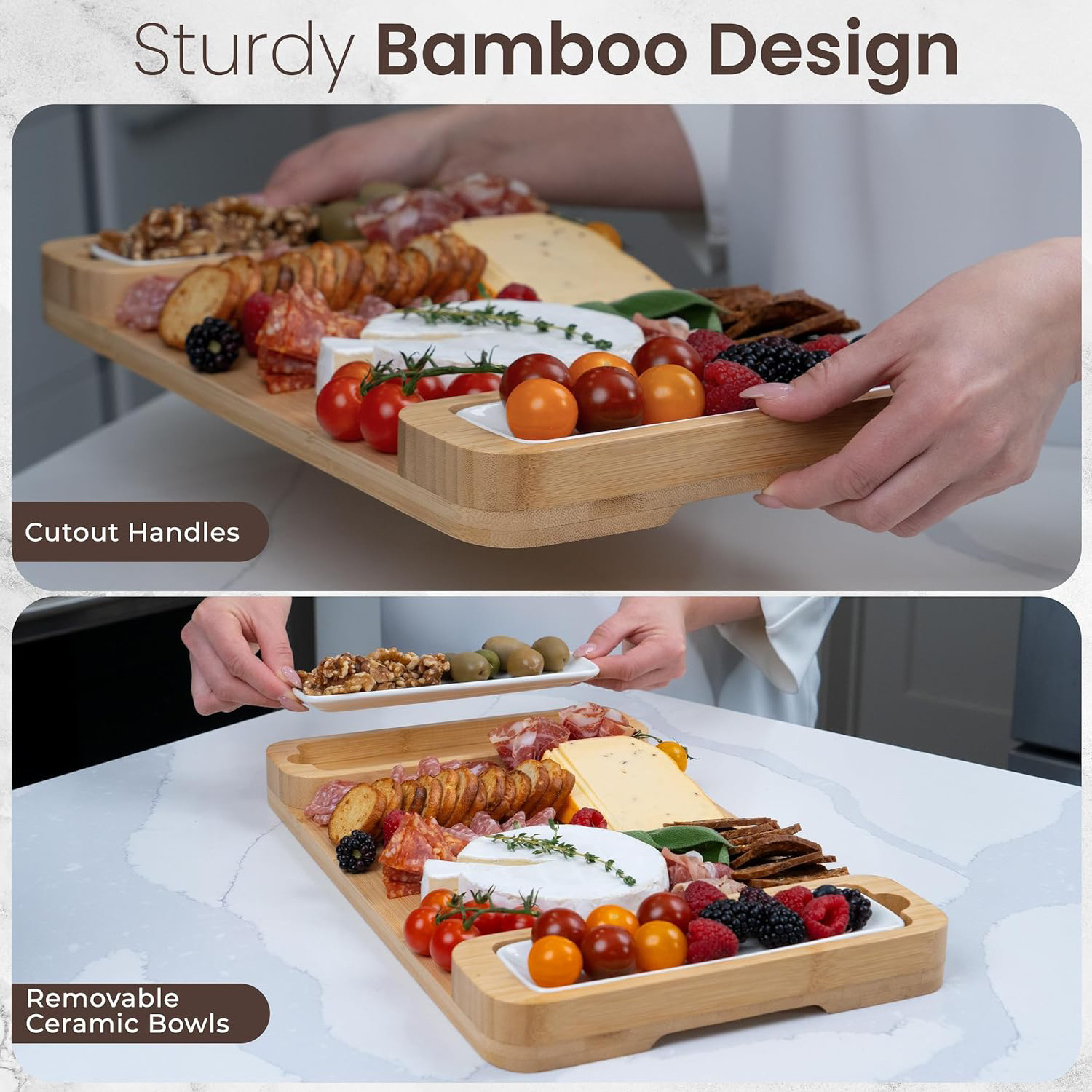 Sturdy Bamboo Cheese Board with Drawer and Knife Set for Cheese and Crackers Includes Forks and Wooden Cutting Boards