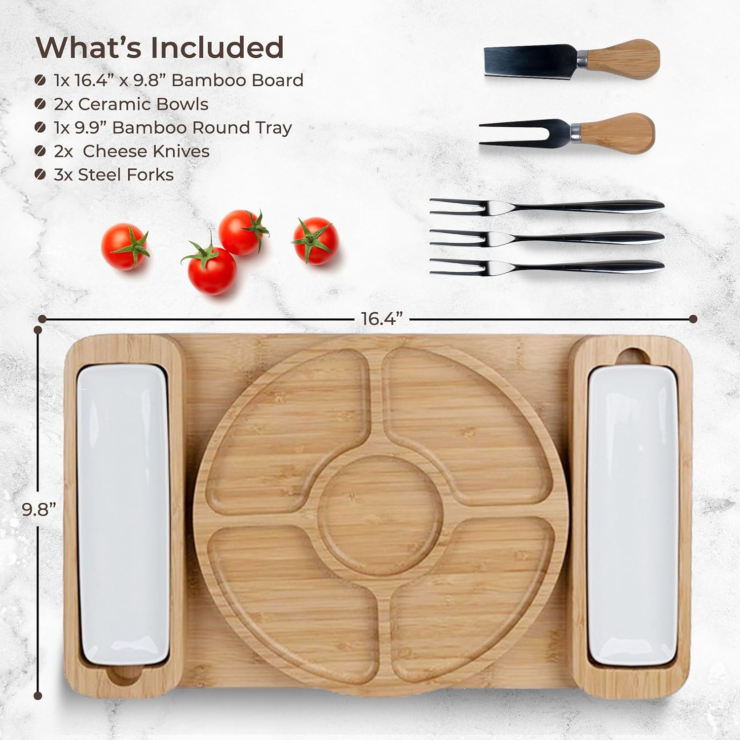 Sturdy Bamboo Cheese Board with Drawer and Knife Set for Cheese and Crackers Includes Forks and Wooden Cutting Boards