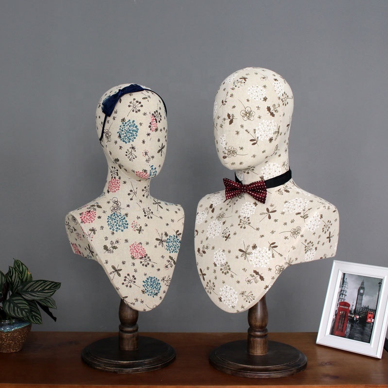 Canvas linen fabric cover vintage abstract mannequin head without hair for hat and scarf display