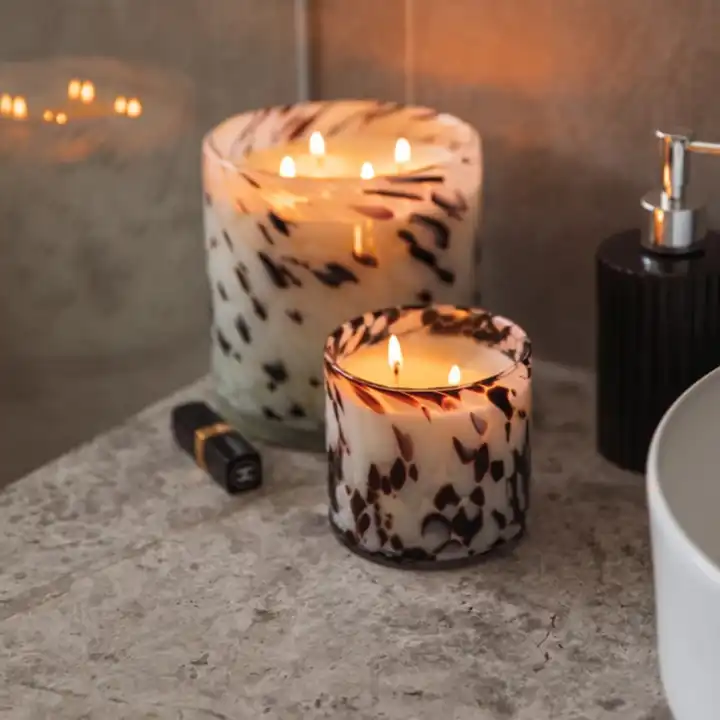 Handmade Luxury Speckled Glass Pillar Candle Holder for Diwali and Meditation Long-Burning Jar for Scented Candles Gift Set