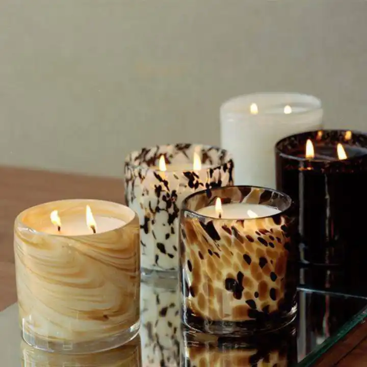 Handmade Luxury Speckled Glass Pillar Candle Holder for Diwali and Meditation Long-Burning Jar for Scented Candles Gift Set