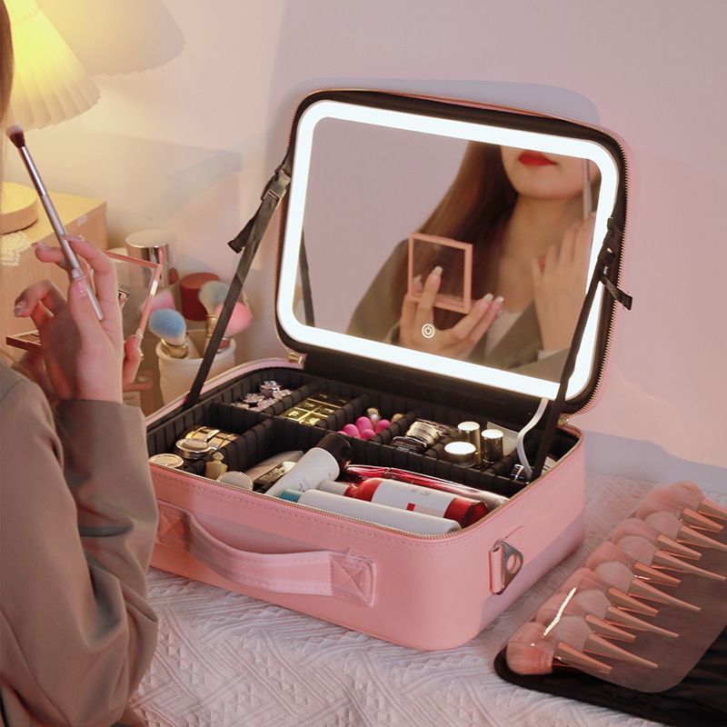 Portable professional PU storage organize cosmetic bag large capacity desktop beauty makeup tool kits Case with Led Light Mirror