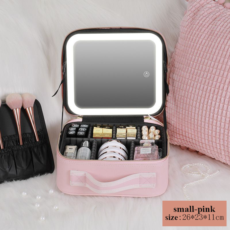 Portable professional PU storage organize cosmetic bag large capacity desktop beauty makeup tool kits Case with Led Light Mirror