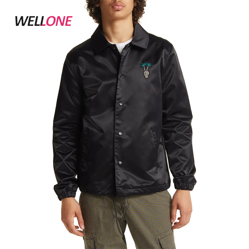 China Clothing Manufacture Wholesale High Quality Drawstring Hem Lightweight Men's Black Custom Embroidery Coach Satin Jacket