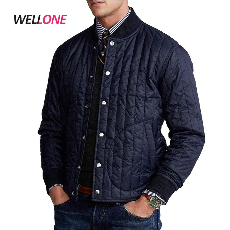 Premium High Quality Snapped Placket Angled Pockets Light Quilted Puffer Water-Repellent Polyester Navy Baseball Jackets