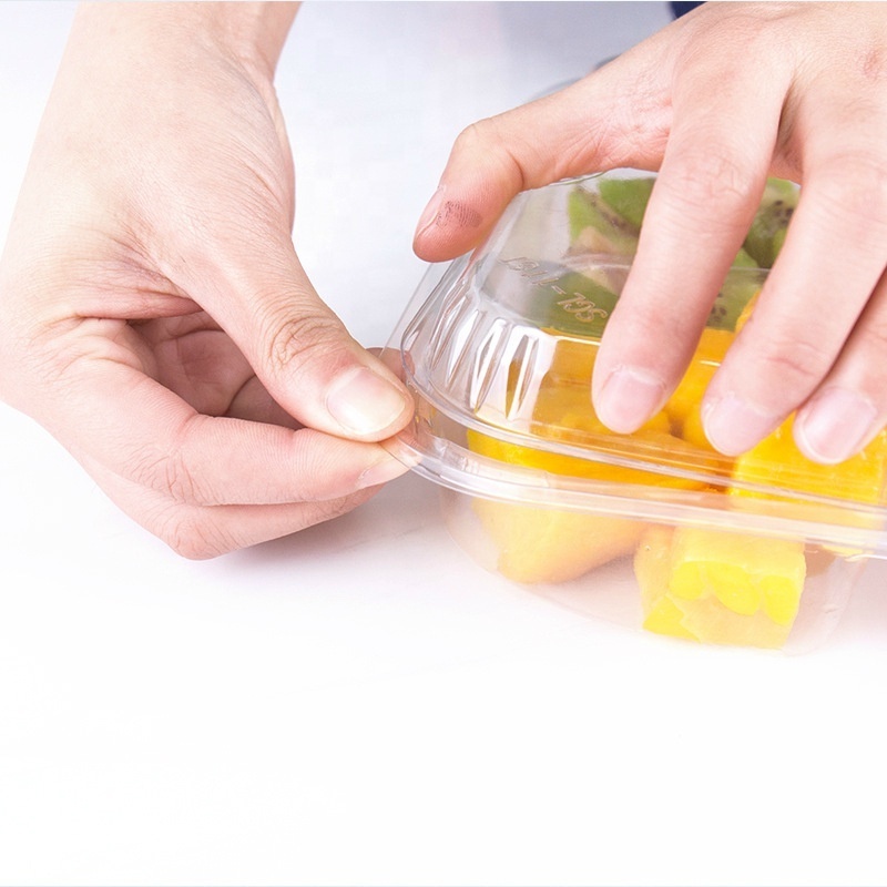 4 Compartments Transparent PET Plastic Fruit Vegetable Salad Packaging Box With Hinged Lids Disposable Salad Container