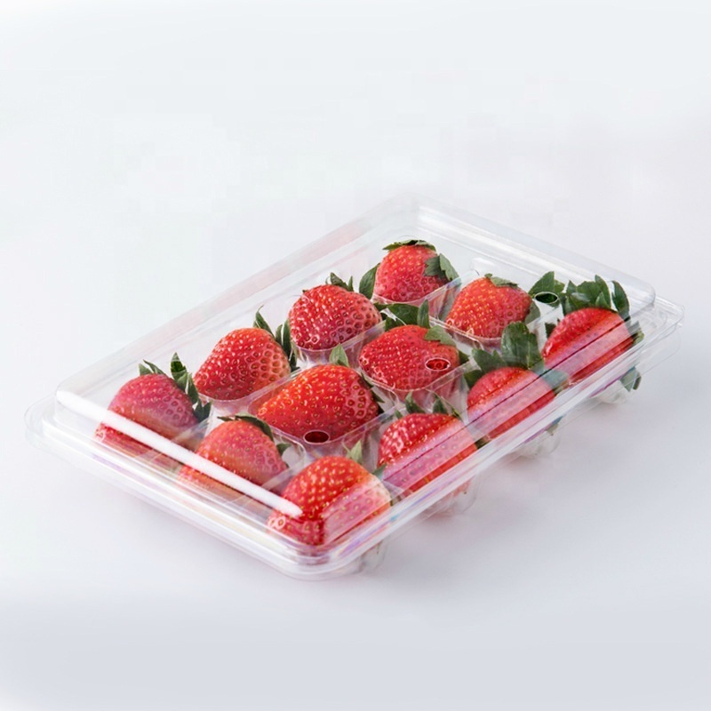 Eco Friendly PET Disposable Transparent Plastic Strawberry Punnet 12PCS Strawberry Packaging Container