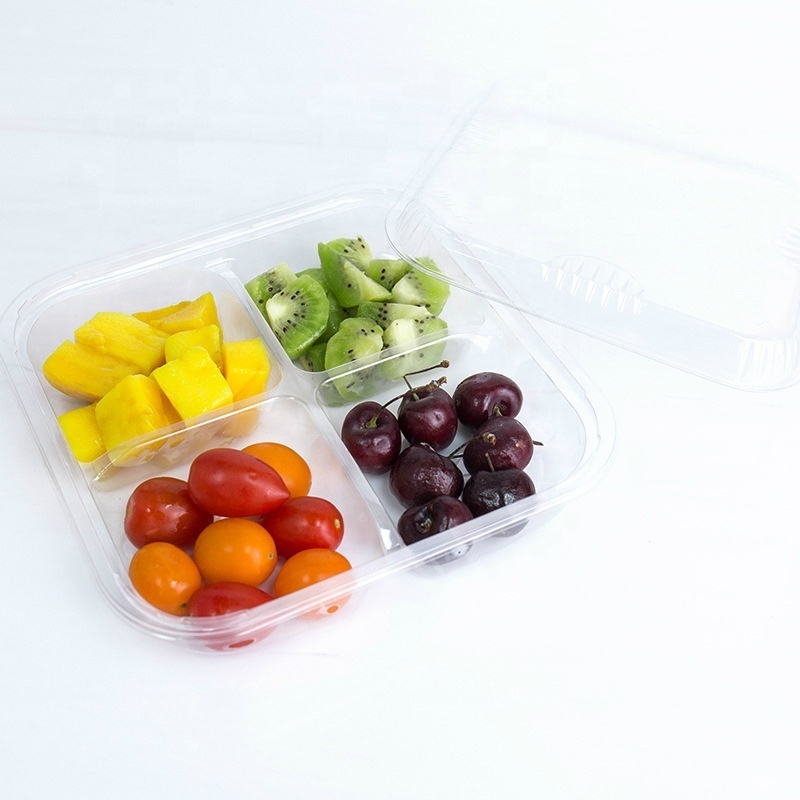 4 Compartments Transparent PET Plastic Fruit Vegetable Salad Packaging Box With Hinged Lids Disposable Salad Container