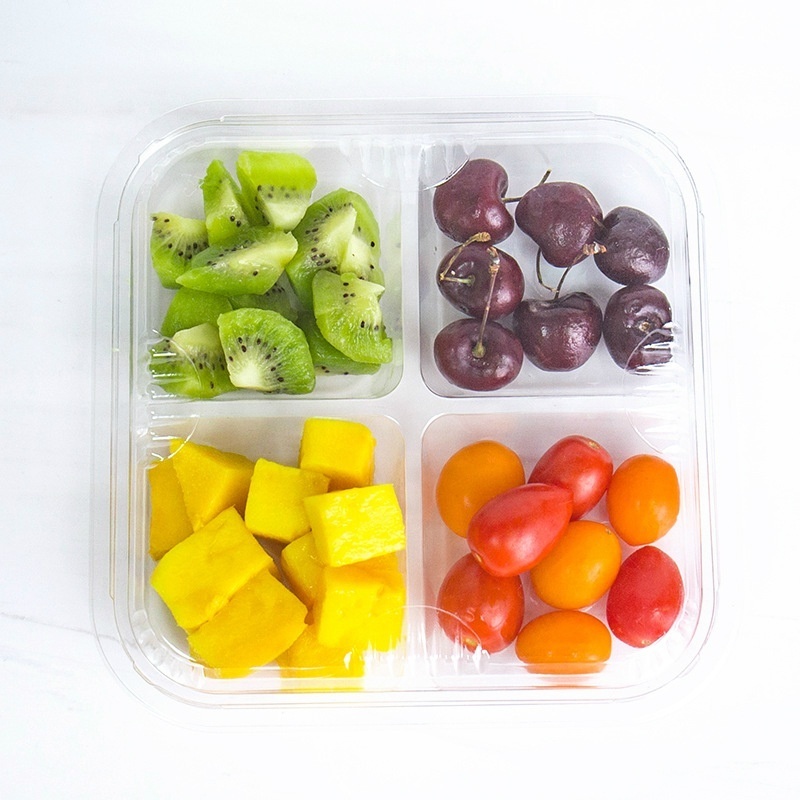 4 Compartments Transparent PET Plastic Fruit Vegetable Salad Packaging Box With Hinged Lids Disposable Salad Container