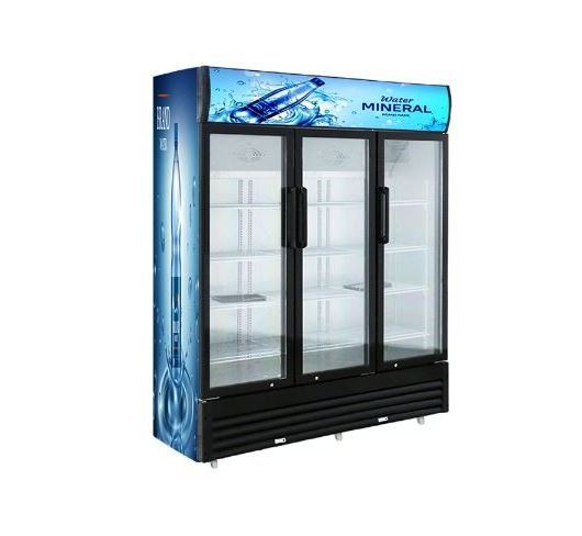 3 door commercial upright vertical showcase slim cold drink organizer display refrigerator freezer with glass doors