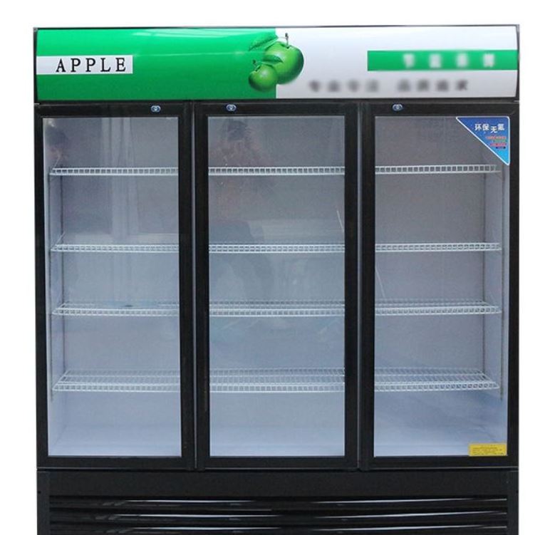 3 door commercial upright vertical showcase slim cold drink organizer display refrigerator freezer with glass doors