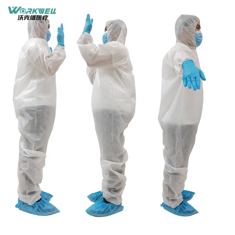 Factory stock  ISO16603 washable coveralls EN14126 SMS coverall jumpsuit with hood Type 5/6 disposable microporous c