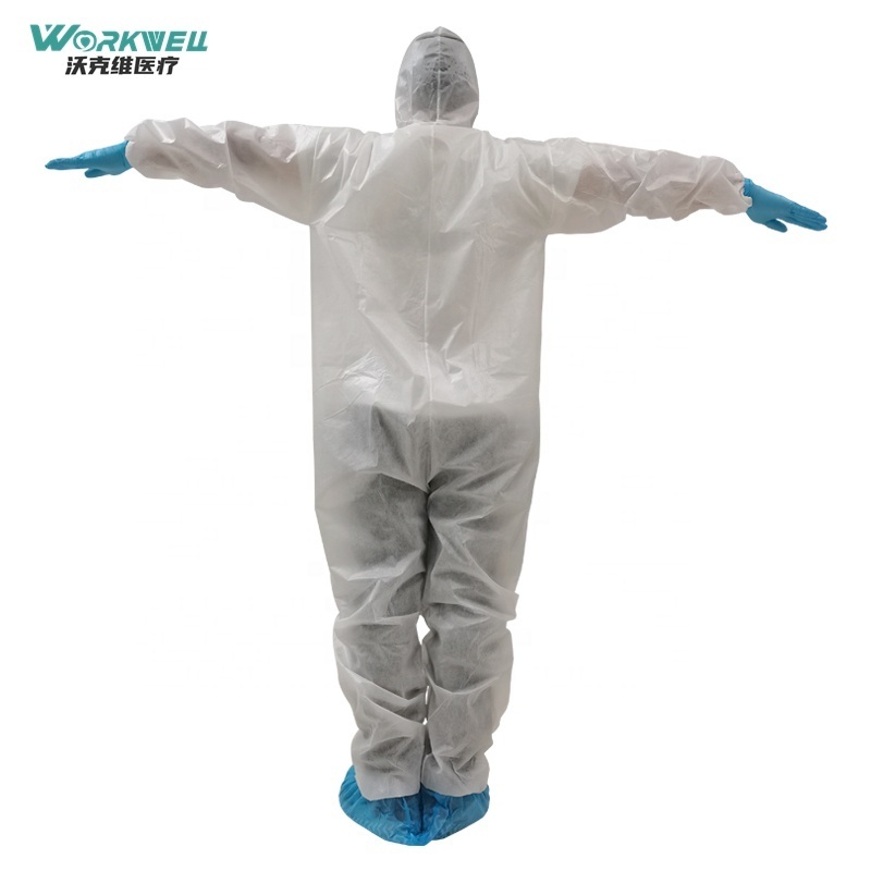 Factory stock  ISO16603 washable coveralls EN14126 SMS coverall jumpsuit with hood Type 5/6 disposable microporous c