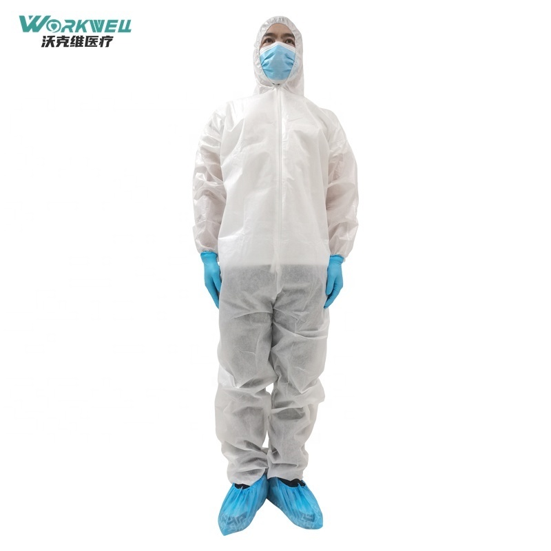 Factory stock  ISO16603 washable coveralls EN14126 SMS coverall jumpsuit with hood Type 5/6 disposable microporous c