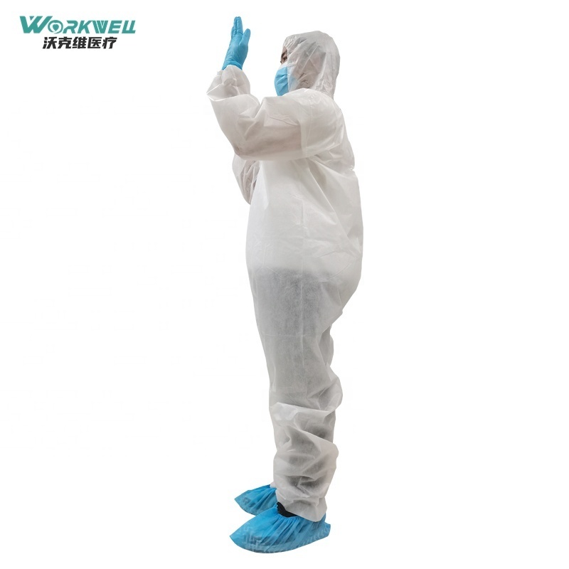 Factory stock  ISO16603 washable coveralls EN14126 SMS coverall jumpsuit with hood Type 5/6 disposable microporous c