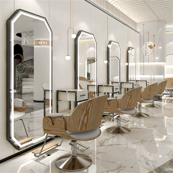 LED sales factory Design 2023 Floor Luxury Light Cabinet Hair Furniture Mirror Beauty Barber Station