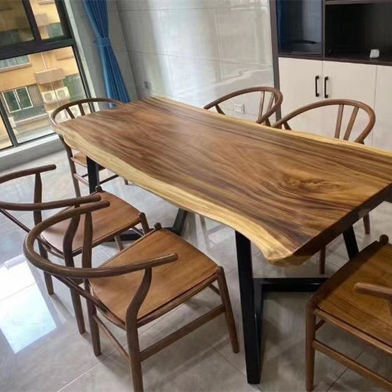 South America walnut natural shape table top live edge solid wood slab restaurant dining table