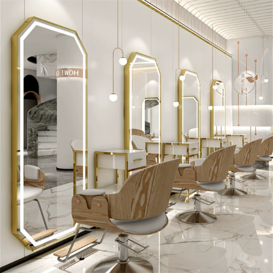 LED sales factory Design 2023 Floor Luxury Light Cabinet Hair Furniture Mirror Beauty Barber Station